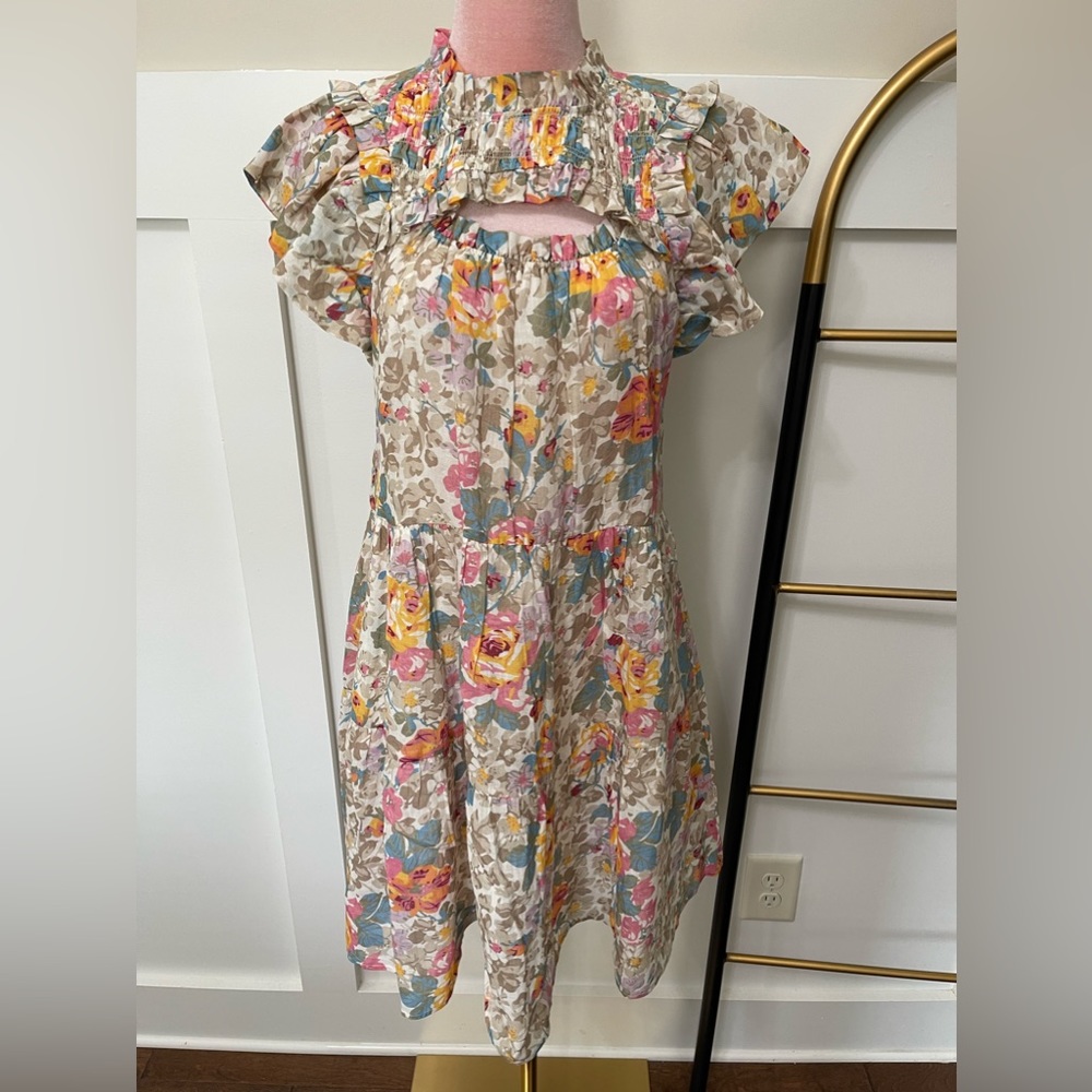 Sea New York Ines Floral Flutter Cap Sleeves Mini Ruffle Neck Ramie Dress Size 4